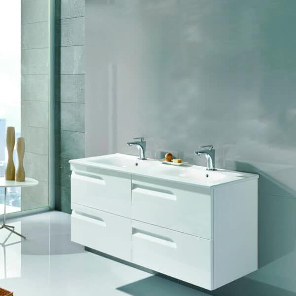 Gabinete Volado Doble Vitale Lacado Brillo Blanco con Lavabo Orbis 120cm x 45cm Esbaño 90212