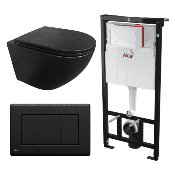 Kit Tanque Oculto A101, Taza Suspendida WC15NEGRO y Pulsador M278 Tecnobath-Alcaplast PWCS19-SADRO